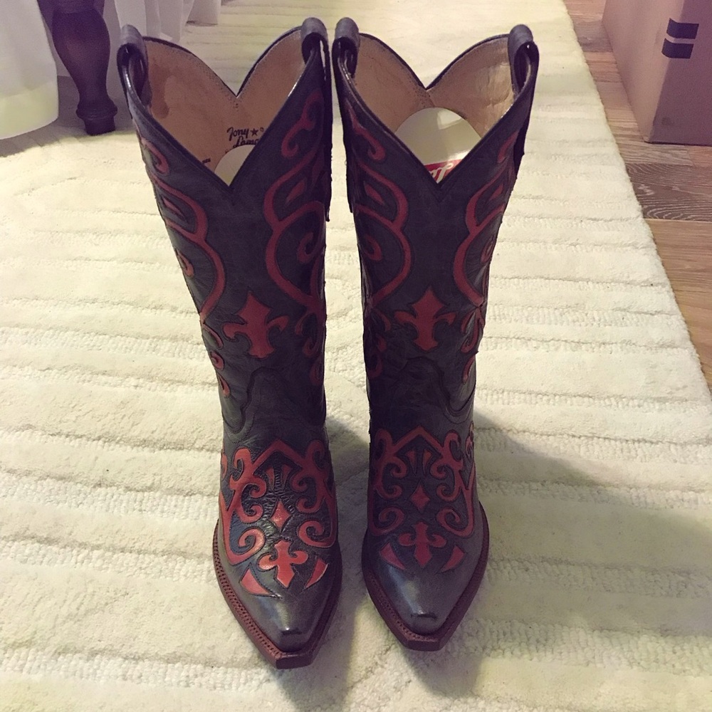 Tony Lama Boots, Gray/black with Red accent, size 6.5, ladies